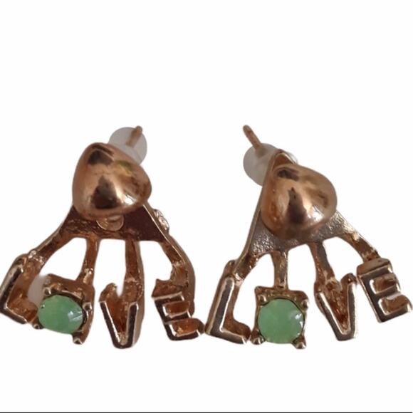 2- in-1 Heart Love Earrings Gold Green Lobe Cuff - Picture 5 of 9